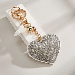 Keychain White Rhinestone Puffy Heart Purse Bag Backpack Charm Accessory Tassel